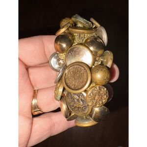 Vintage Buttons Bracelet Stretch Crochet Gold Brass Tone Chunky Boho Festival